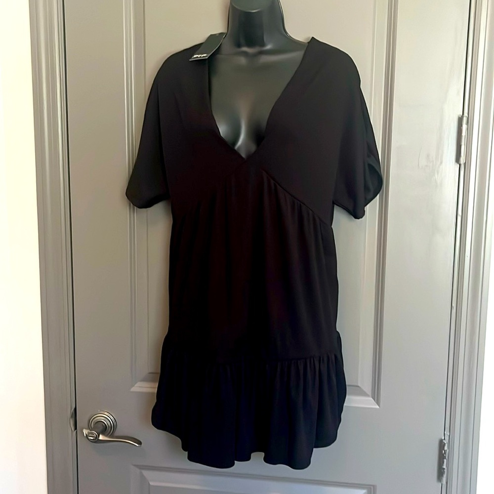 NASTY GAL Black V Neck Mini Dress With Ruffle Hem Size US 8